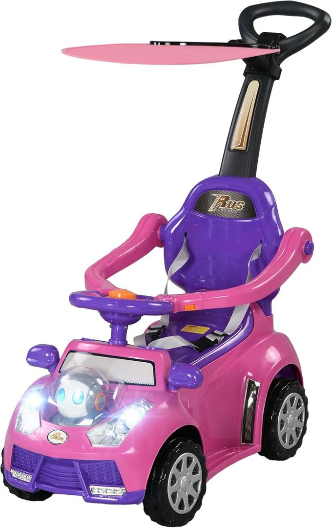Qaba Push Car for Kids 1-3 Years, 3 in 1 Ride on Sliding Car, Foot to Floor Baby Push Car with Removable Handle, Music, Horn, Canopy, Safety Guardrail for Boys and Girls, Pink