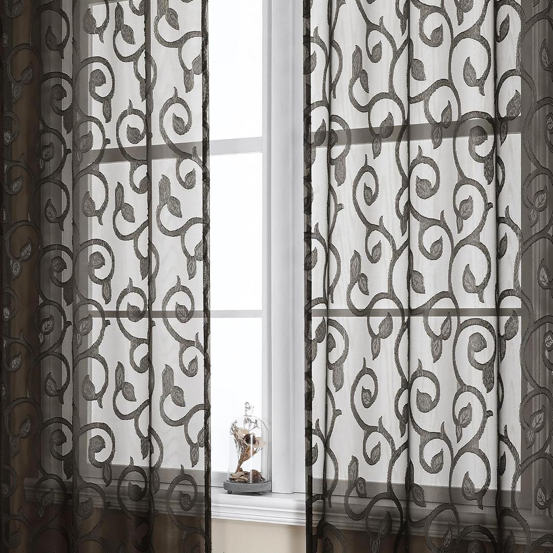 OWENIE Furman Chocolate Sheer Curtains 72 inches Long for Bedroom Living Room 2 Panels Set, Light Filtering Sheer Door Curtains with Elegant Clip Jacquard Rod Pocket Curtains, 2 Pcs = 80" Width