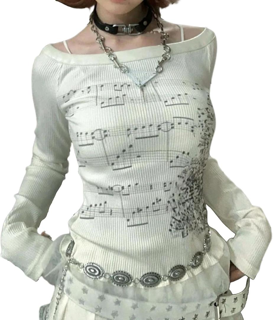 Grunge Off Shoulder Tops Women Long Sleeve Fitted 2000s Goth Emo Music Shirt Teen Girls Vintage Y2k Graphic Tee (Small, White)