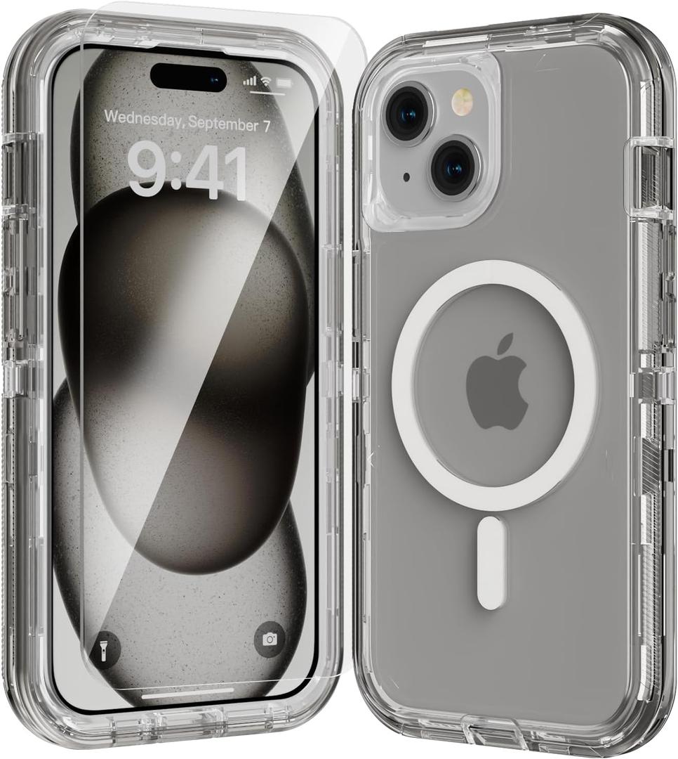 for iPhone 14 Case, Fits Magsafe,Heavy Duty Shockproof Protection Phone Cases with Screen Protector*1, Magnetic Transparent Protective Cover for iPhone 14 6.1 '', Gray