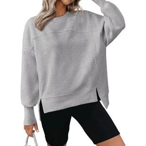 BTFBM Women's Casual Crewneck Sweatshirts 2026 Spring Fall Clothes Long Sleeve Side Slit Workout Fleece Pullover Tops (Medium, Grey)
