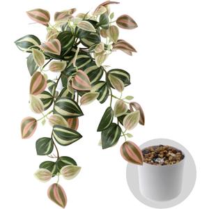 Fake Plants Indoor Artificial Hanging Plants with Pot, Potted Silk Greenery Faux Watermelon Peperomia Ivy Draping Plant for Home Office Desk Living Room Bedroom Wall Shelf Decor (Green, Light Pink)