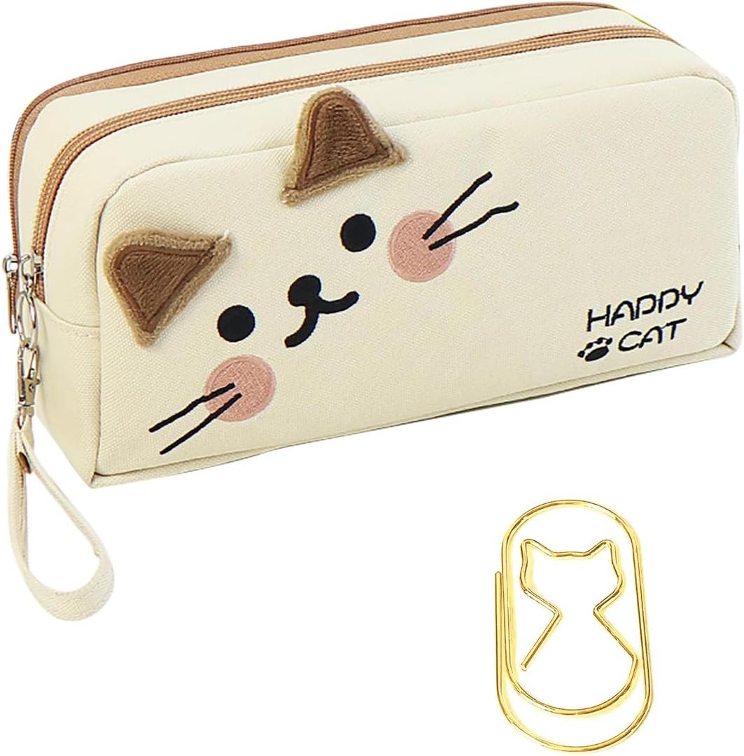 Cat Large Pencil Case,Big Capacity Pencil Pouch Stationery Pen Bag Storage High Capacity Bag Pouch Holder Box OrganizerWhite