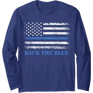 Back the Blue Thin Blue Line American Flag - Police Support Long Sleeve T-Shirt, L