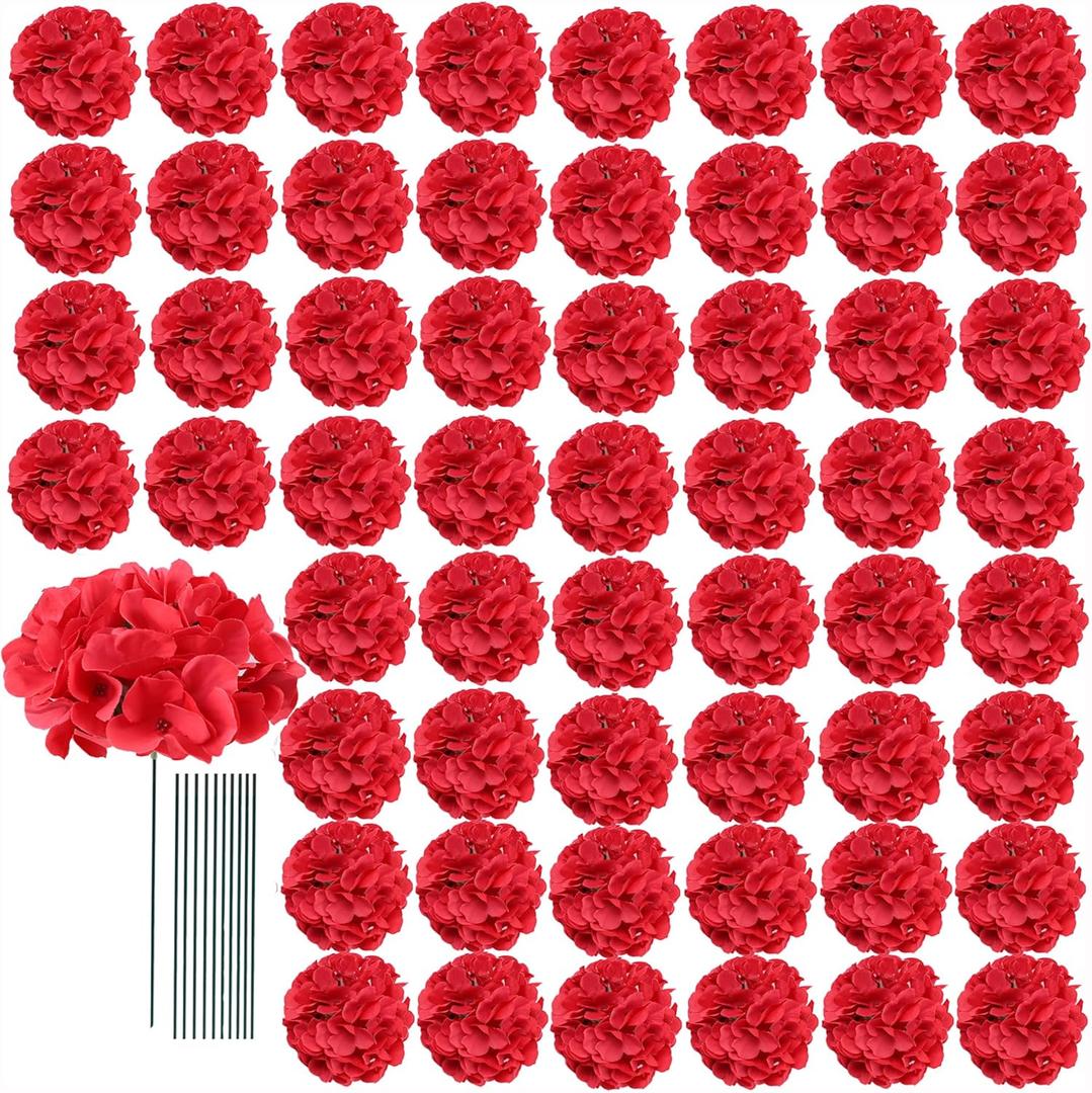 AVIVIHO Fake Flowers 65pcs Red Hydrangea Artificial Flowers Bulk (Not Squished, No Steaming Need) Silk Flowers with Stems for Wedding Decor, Home, Baby Shower, Table Centerpieces Decoration (Medium)