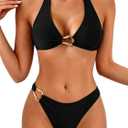 Fanuerg Women's Halter V Neck Bikini Sets Ring Linked Two Piece Swimsuit Cheeky Swim Bathing Suit 2025 (Black, XL)
