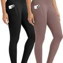 ODODOS 2-Pack Full Length High Waist Workout Leggings with Pockets for Women, 28" Tummy Control Athletic Yoga Pants, Black+Purple Taupe, Large 