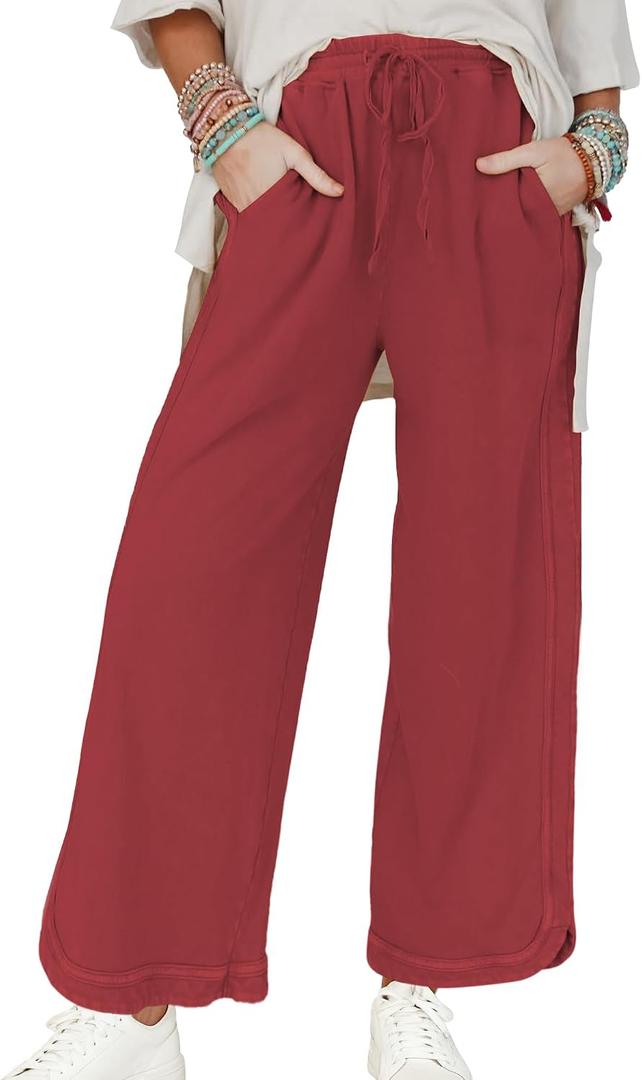 Hixiaohe Women's Casual Wide Leg Sweatpants High Waist Baggy Acid Wash Pants Drawstring Athletic Palazzo Pants with Pockets (Red, XS)