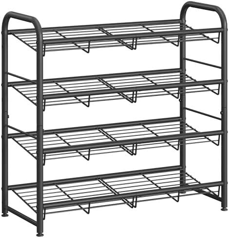 SONGMICS Stackable Shoe Rack, 4 Tier Metal Shoes Rack Storage Shelf, Holds up to 16 Pairs Shoes, Adjustable Slanted Shelves Shoe Tower Organizer for Closet Entryway Small Spaces, Black