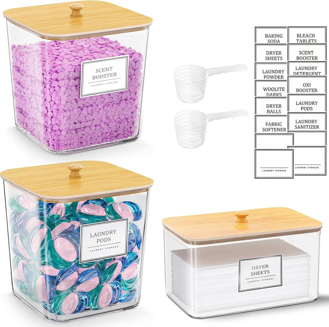 2+1 Pack Laundry Pods Container, Clear Laundry Detergent Powder Storage Containers, Laundry Room Organization Containers with Wooden Lids & Labels, Laundry Pods Holder for Scent Booster, Dryer Ball