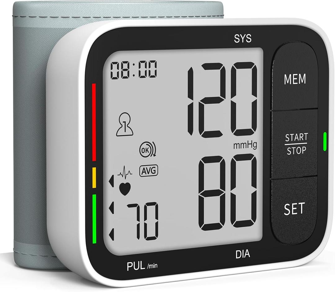 KIKEANG Blood Pressure Cuff Wrist, Universal Bp Cuff(5.3-8.4in) Large LCD Display 2 Users Total 240 Memories, 2 AAA Batteries & Carrying Case Included