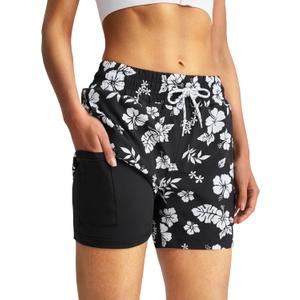 Women's 3''/5''/7'' Swim Board Shorts Quick Dry Beach Shorts with Liner Pockets Swimsuits Bottoms Trunks for Women (Large, Black Floral)