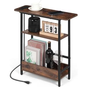 Narrow Side Table with USBC Charging Station, 3Tier Slim End Table with Magazine Holder, Modern Thin Side Table for Couch or Small Spaces, Skinny Nightstand for Living Room or Bedroom