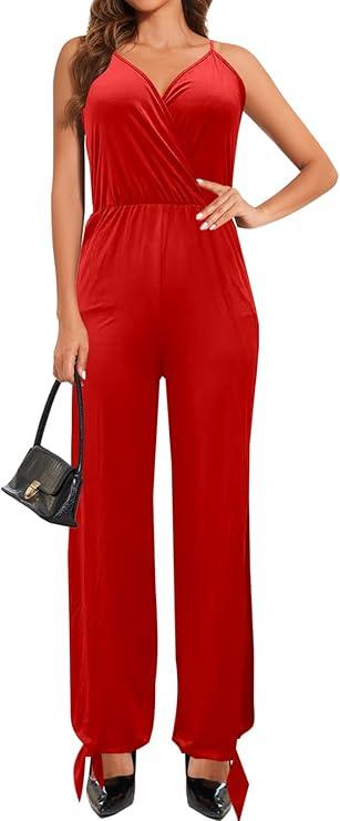 Women's V Neck Sleeveless Jumpsuits Casual Loose Adjustable Spaghetti Strap Split Long Romper with Pockets, size M
