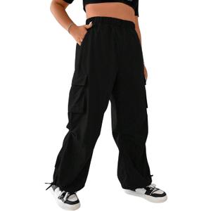 OYOANGLE Women's Plus Size Elastic High Waist Flap Pocket Cargo Pants Streetwear Loose Baggy Trousers with Pocket (XX-Large Plus, Black)