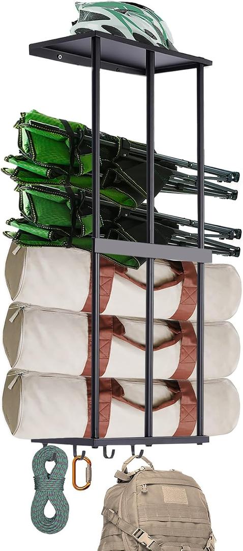 Camping Chair Rack for Garage Storage, Metal Camping Chair Storage Wall Mount Beach Chair Umbrella Storage Holder with 4 Hooks for Garage Organizer