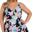 Maxine of Hollywood Womens V-Neck Swim Dress One Piece Swimsuit (16 Plus, Multi//Glowing Lotus)