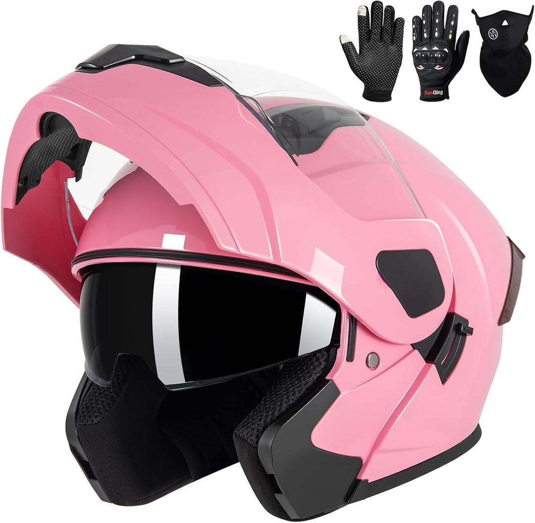 Adult Modular Motorcycle Helmets, DOT Approved Flip up Dual Visor Full Face Helmet for Men Women Moto ATV UTV Snowmobile ADV Four Wheeler Street Bike with Gloves & Mask (Pink, S)