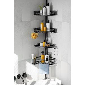 HAMITOR Corner Shower Caddy Tension Pole: Quick Installation 4-Tier Rustproof Bathroom Organizer Shelves for Bathtub Shampoo Storage - 47-121 inch Adjustable Floor Standing Bath Rack Holder - Black