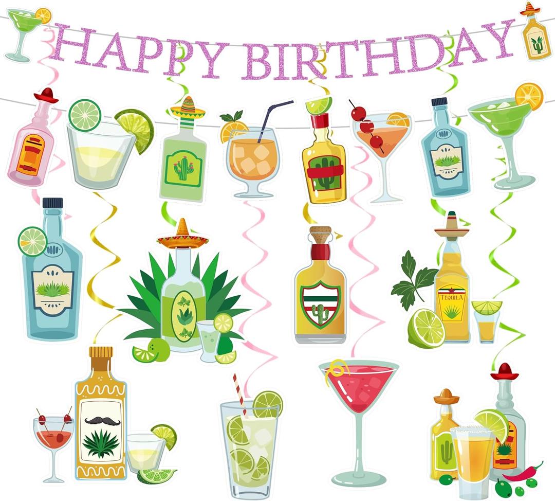 Margarita Tequila Party Decorations, Fiesta Birthday Banner And Hanging Swirls, Cocktail Theme Decor For Bar Birthday Celebration