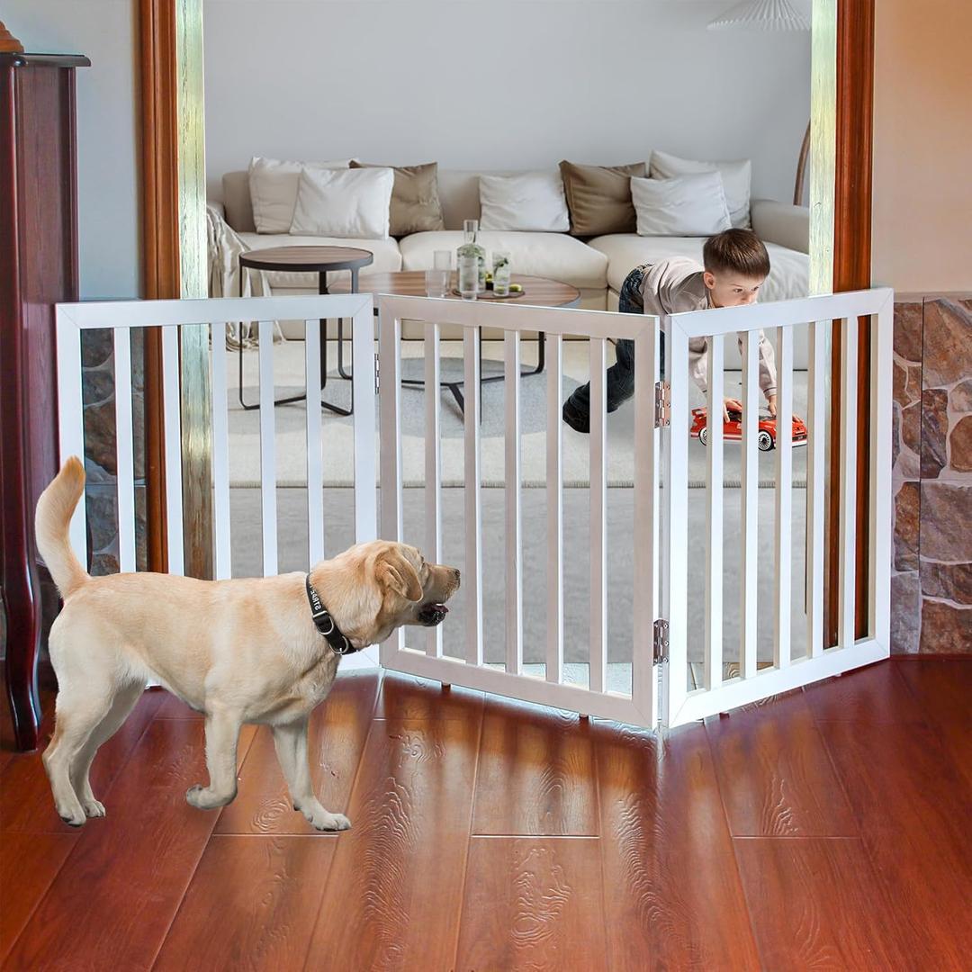 ZJSF Freestanding Indoor Dog Gate for House Foldable Wood White Puppy Gate for Doorways Pet Gate for Stairs Extra Wide Pet Fence 24" Height 3 Panels