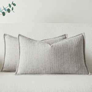 a moment Linen Pillow Covers Set of 2,Boho Farmhouse Throw Pillowcases Neutral Textured Decorative Covers for Couch Sofa Bed, Soft Linen Blend Accent Case Cushion Home Decor 20"x12"Beige Grey