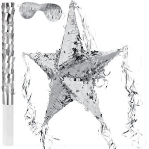 Foil Star Piata with Blindfold and Bat for Birthday Foldable Star Shape Piata with Stick Festive Fiesta Party Supplies Favors for Mexican Party(Silver) (23.6 x 23.6 Inches)