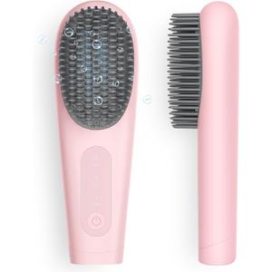 Cordless Hair Straightener Brush, iTayga Portable Hair Straightener Brush for Travel, 7000mAh USB Rechargeable Brush Straightener for Women, Pink