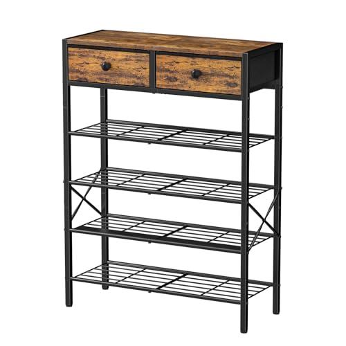 UNITSTAGE Shoe Rack for Entryway, 5 Tier Shoe Organizer with 2 Non-woven Drawers, Metal Storage Shoe Shelf for 16-20 Pairs of Shoes, with Wooden Top and Steel Frame, Shoe Stand for Closet Rustic Brown