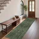 Washable Area Rug 2x6 Green Runner Rugs for Living Room, Vintage Boho Hallway Large Rug for Bedroom Dining Room Office, Distressed Floral Carpet for Under Table, Soft Non Slip Low Pile Throw Carpet