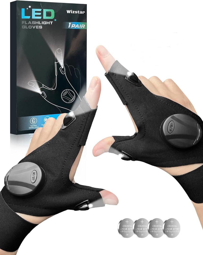 Wizstar LED Flashlight Gloves, Gifts for Men Boyfriend Him Husband, Christmas Birthday Father Dad Gift, Stocking Stuffer Cool Gadgets Finger Lights with Toggle Switch for Camping Fishing Repairing