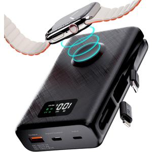 pzoz 20000mAh Portable Power Bank Powerbank Battery Pack with Apple Watch Magnetic Wireless Charger,USB Type C PD Fast Charging Cable Travel High Capacity Compatible iWatch iPhone 16 15 Phone (Black)