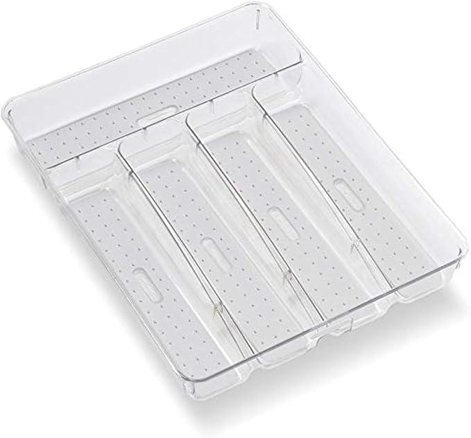 Madesmart 5-Compartment Small Silverware Tray for Utensils, Flatware, Kitchen Drawer Organization and Storage, Soft-Grip, Clear  12.88x9.25x1.88in