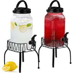 Tanlade 2 Pcs Plastic Drink Dispenser with Stand Beverage Dispenser with Sturdy Metal Base Juice Jar for Parties Lemonade Jar Spigot for Weddings Countertop Water, Each 1 Gallon(Black)