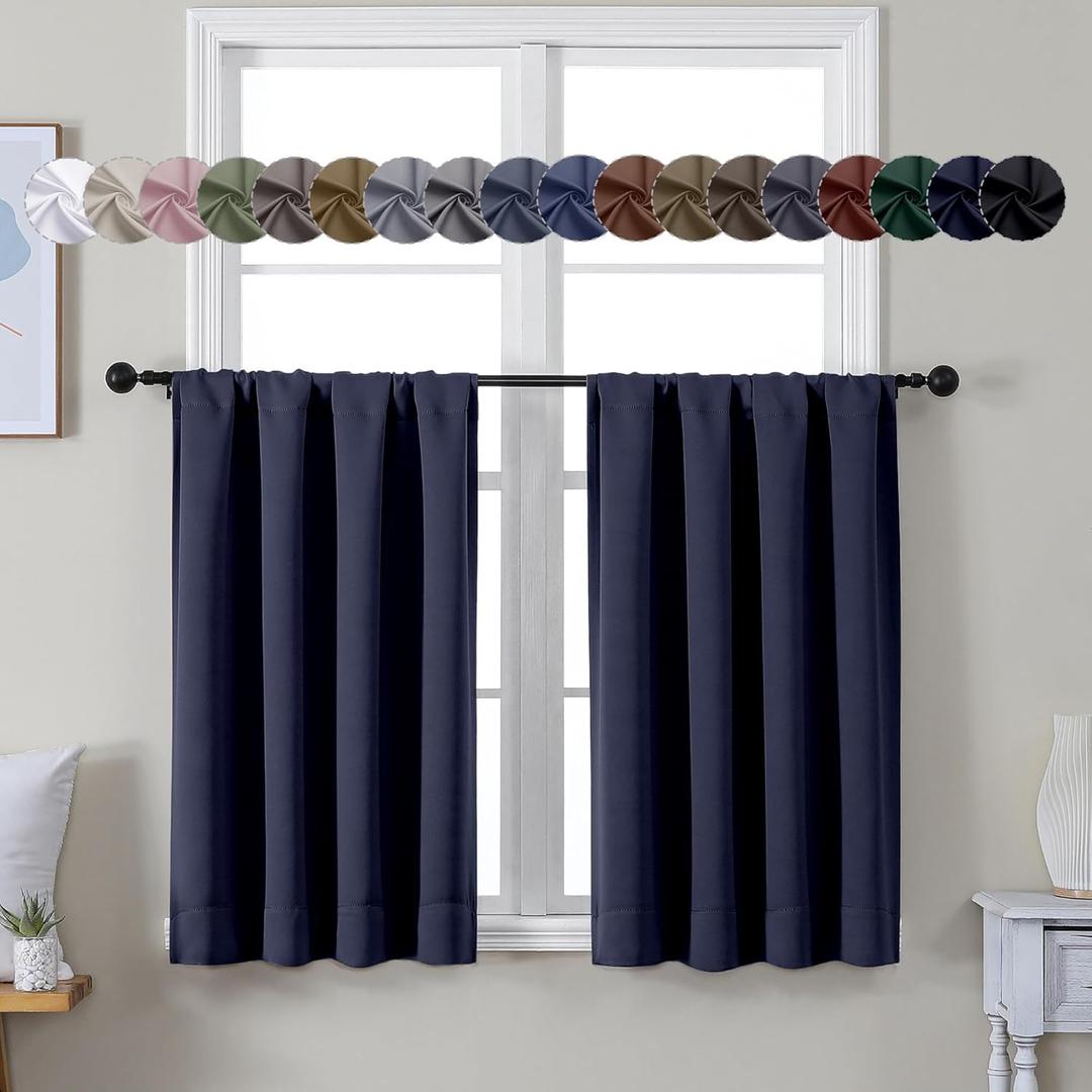 Simplebrand Ava Navy Blue Short 36 Inches Blackout Curtain 2 Panels Set, Half Window Rod Pocket Privacy Curtain Tiers for Kitchen, Curtains Blackout for Bathroom Shades, W40 x L36 Inch, Navy Blue (40"W x 36"L (Pack of 2), Navy Blue)