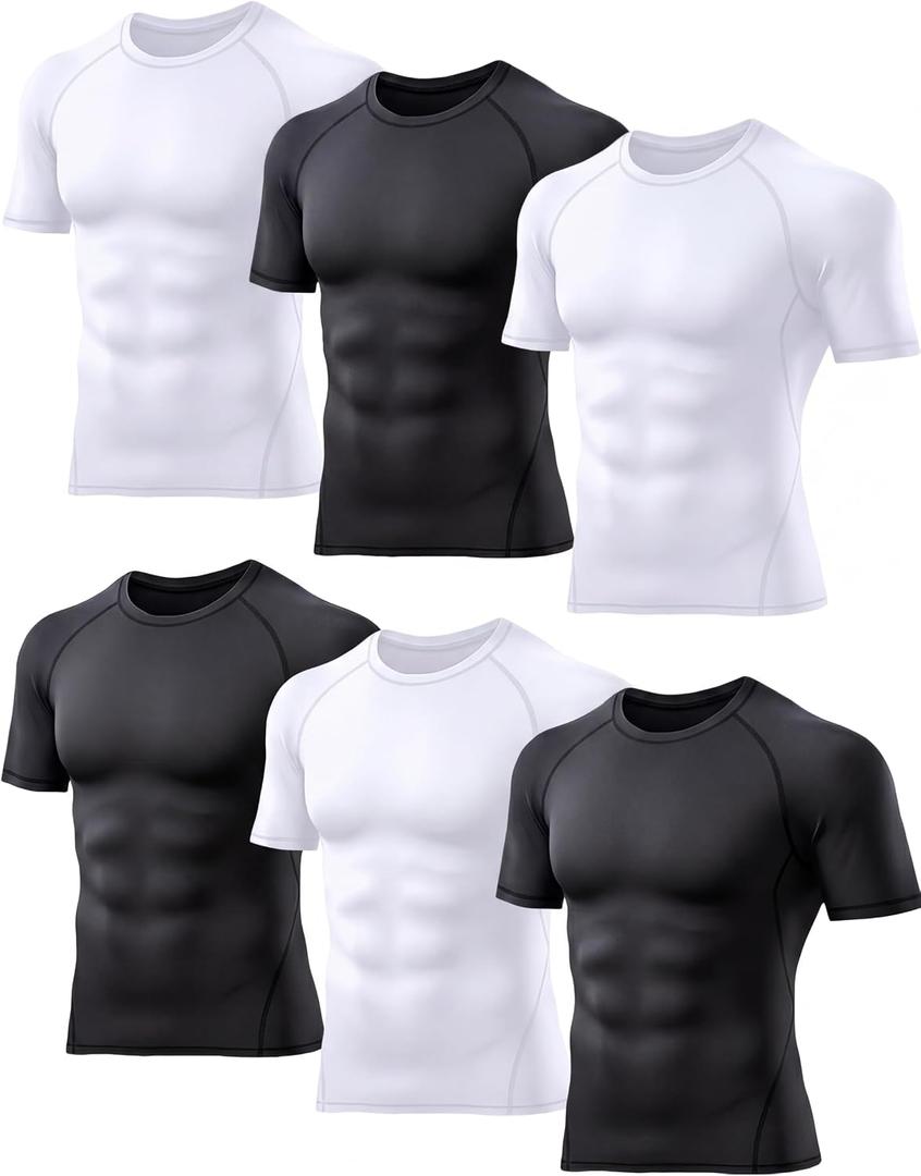 TELALEO 6 Pack Men's Compression Shirt Short Sleeve Athletic Baselayer Sports T Shirts Workout Tops for Men Black White (Blue, L)