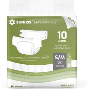 SUNKISS Masterpiece Adult Diapers with Tabs, Unisex Disposable Incontinence Briefs for Women and Men, Odor Control, White, Small/ Medium, Previously Medium, 10 Count