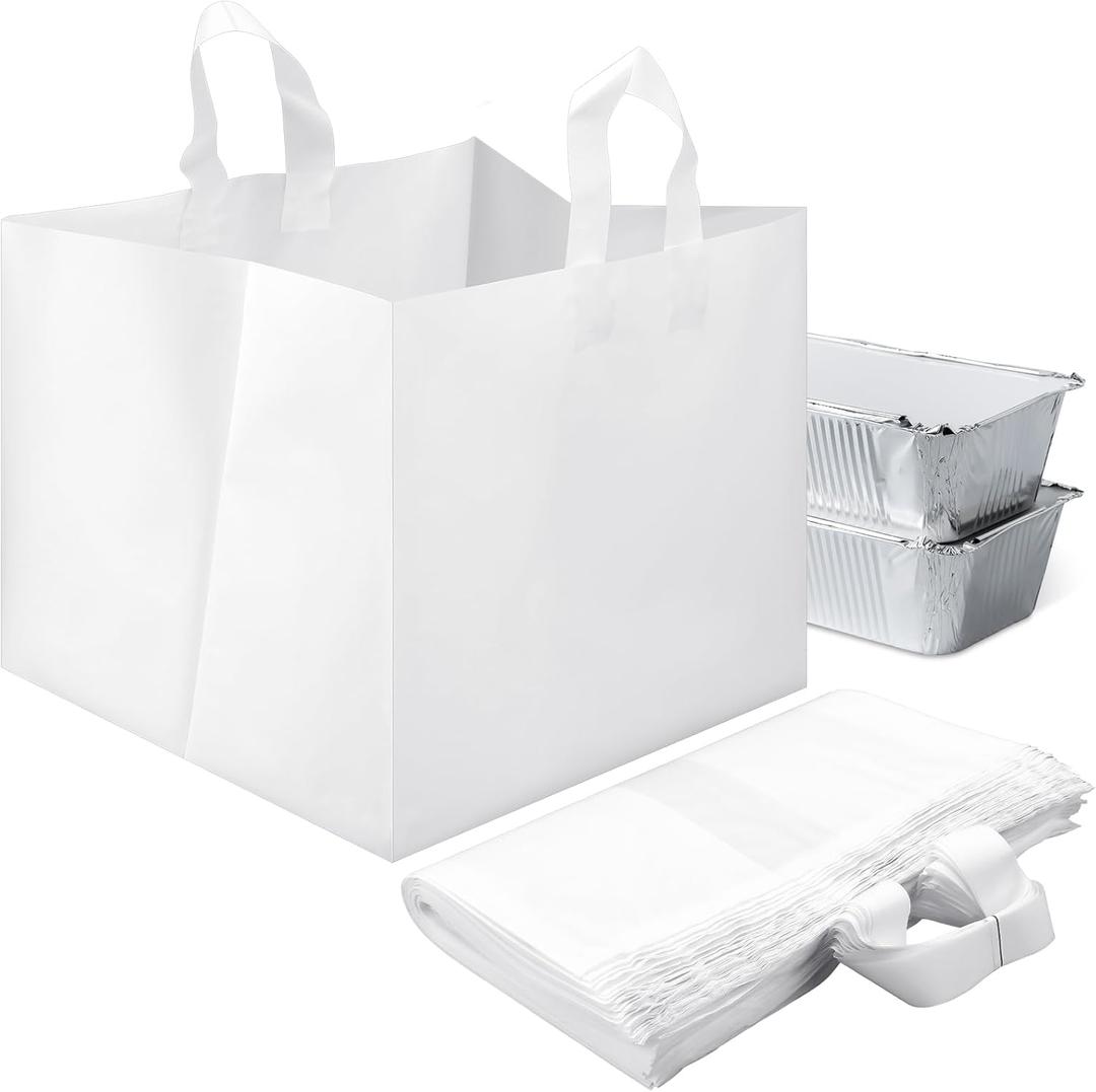 100 Pcs 14" x 11.5" x 12" Half Tray Catering Bags, Takeout Bags, Bulk Catering Bag for Food Delivery with Cardboard Bottom and Soft Loop Handles for Restaurant, Retail, Business