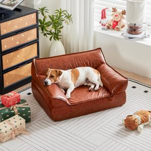 Leather Dog Couch Bed for Small and Medium Dogs Under 50 lbs, Brown Mid Century Modern Elevated Cat Sofa Bed Luxurious Indoor Furniture Style Pet Supplies for Puppy