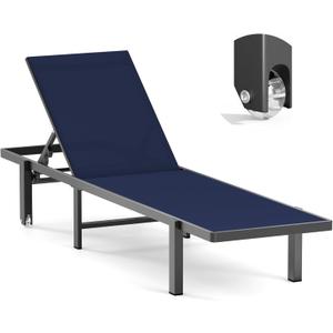 Aluminum Chaise Lounge Chair Outdoor with Wheels, Patio Lounge Chair with Adjustable 5-Position Recliner and Full Flat Tanning Chair for Patio, Beach, Pool, Navy Blue