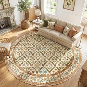 jinchan Round Rug 8ft Vintage Floral Washable Circle Area Rug, Terracotta