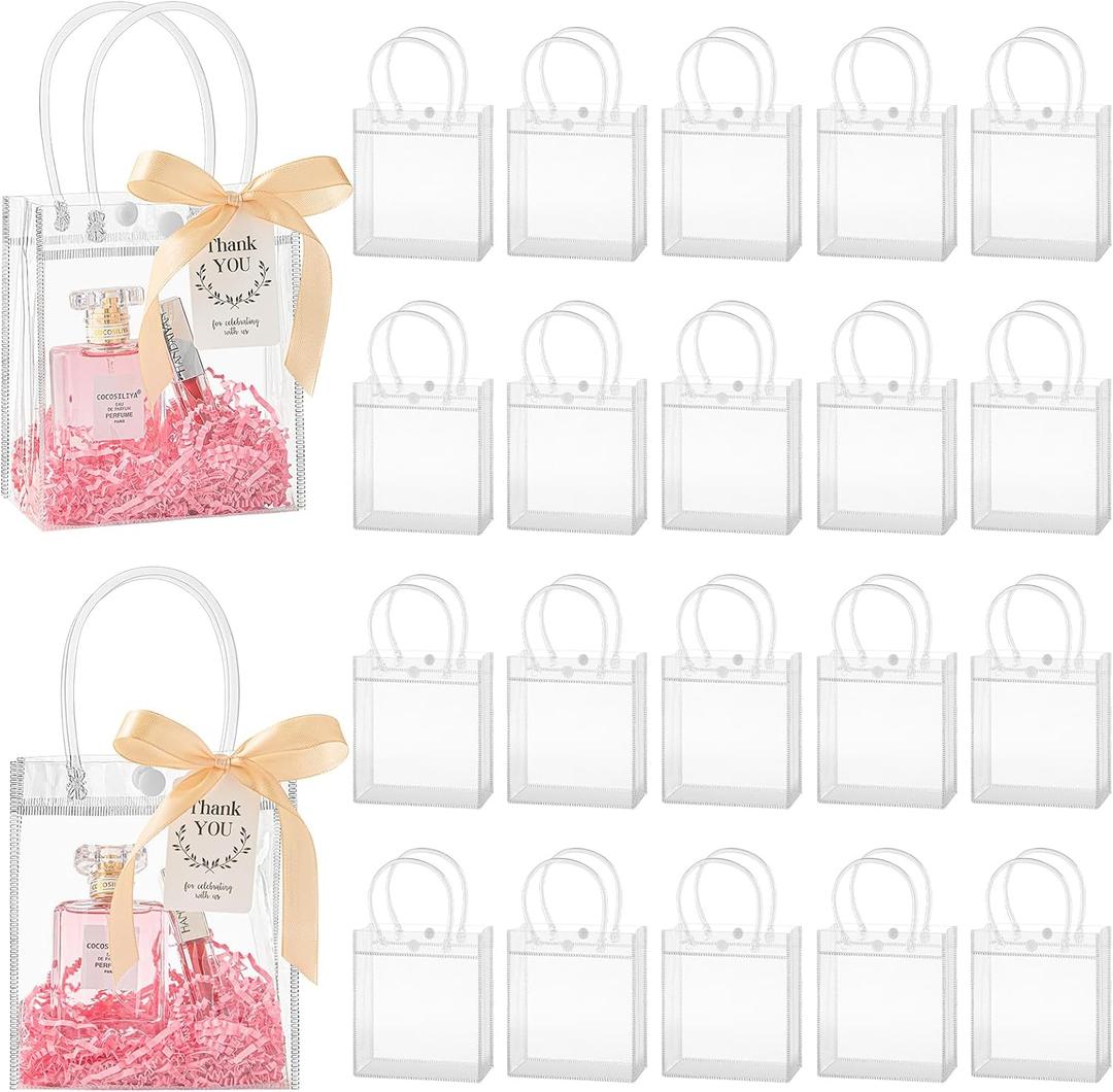 Mauproy 50 Pack Clear Plastic Gift Bags with Handles, Party Favor Bags with Ribbons and Tags, Reusable Goodie Tote Bags for Mother's Day Wedding Baby Shower (4.9" x 5.9" x 2.8")