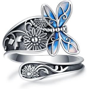 Turquoise Jewelry for Women - Sterling Silver Turquoise Rings Vintage Adjustable Sunflower Dragonfly Butterfly Spoon Ring Victorian Style Boho Antique Flower Thumb Statement Rings Jewelry Gifts for Women (Blue Gradient Dragonfly)