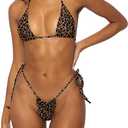 Women Halter String Bikini Set Sexy Thong Cheeky Two Piece Swimsuits Solid Color Bathing Swimwear (Small, Leopard Print Brown)