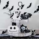 4PCS Halloween Decorations Indoor, Halloween Tiered Tray Decor Table Sign, Halloween Wooden Signs Ghost Bat Pumpkin Cat Blocks Signs, Table Decor Halloween Party Decorations for Mantle Home Shelf (Black and White-4Pcs)