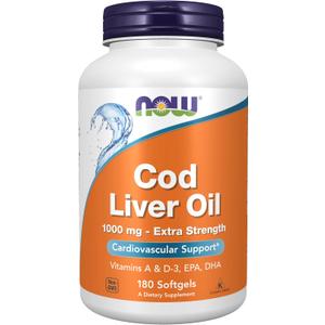 NOW Foods Supplements, Cod Liver Oil, Extra Strength 1,000 mg with Vitamins A & D-3, EPA, DHA, 180 Softgels, Expiry: 07/31/27