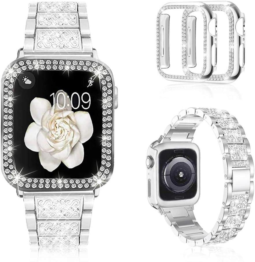Mosonio Compatible with Apple Watch Band 38mm 40mm 41mm 42mm 44mm 45mm 46mm 49mm with 2 Pack Case Women, Jewelry Replacement Metal Bands Strap with Bling PC Protective Case for iWatch Ultra SE Series 10/9/8/7/6/5/4/3/2/1 (Silver)