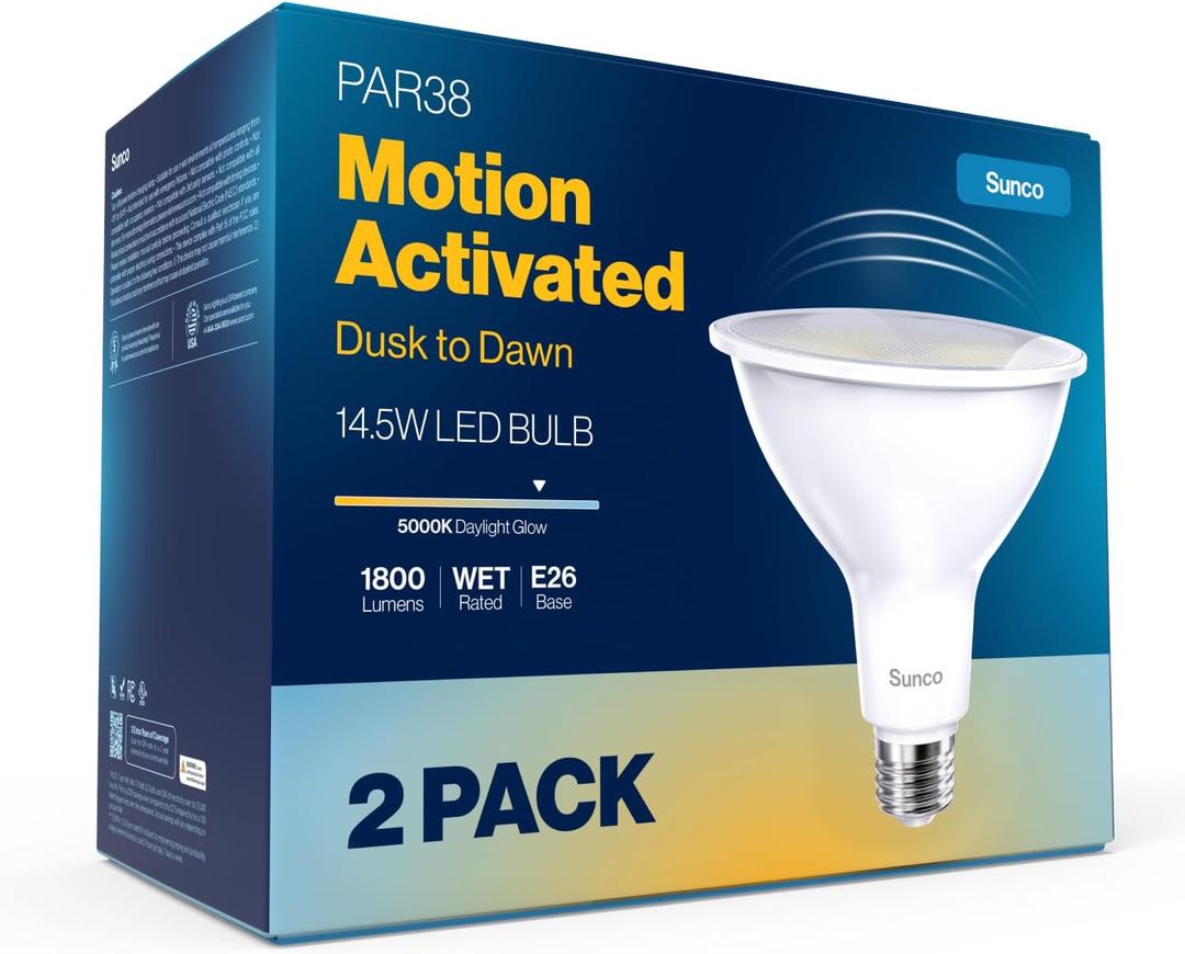 Sunco PAR38 Dusk to Dawn Outdoor Flood Light Bulb, LED Security Spotlight 150W Eq 5000K Daylight Waterproof Floodlight, Motion Sensor Compatible, E26 Base, UL Certified, Non-Dimmable, 2 Pack