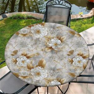 Round Fitted Tablecloth with Elastic Edge Design Table Cover Waterproof Stain-Resistant Wipeable Table Cloth Best for Outdoor/Indoor for 54"-58" Round Tables White Flowers