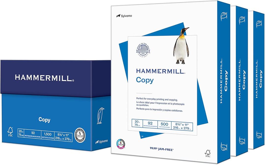 Hammermill Printer Paper, 20 lb Copy Paper, 8.5 x 11-3 Ream (1,500 Sheets) - 92 Bright, Made in the USA